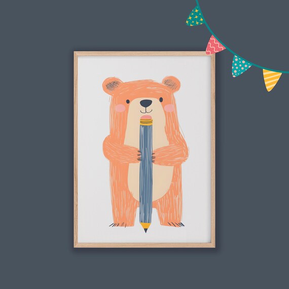 Adorable Orange Bear Cute Woodland Nursery Decor Kids Room Poster