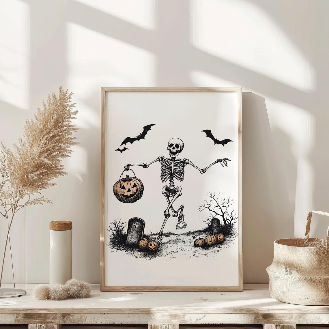 Vintage Dancing Skeleton Jack O Lantern Graveyard Halloween Poster - Image 2