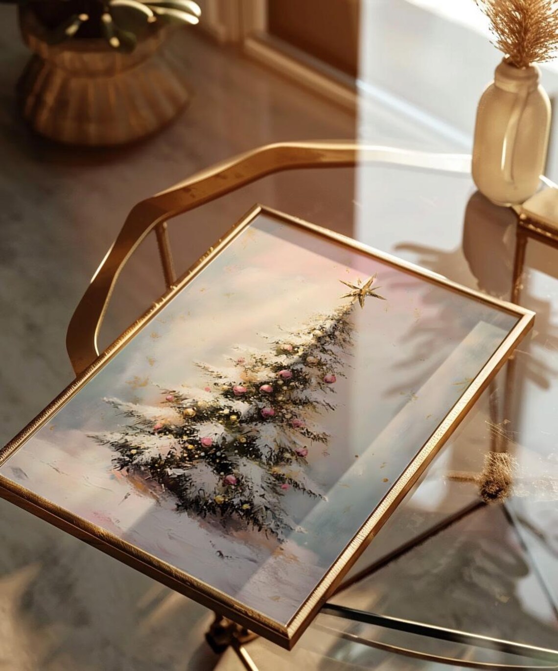 Pink Gold Snowy Christmas Tree Star Watercolor Painting Poster - Image 2