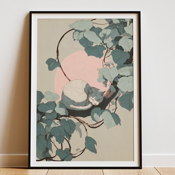 Gray Cat Napping In Vines With Pink Moon Botanical Japandi Zen Wall Art