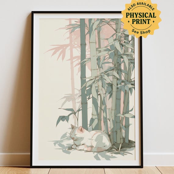 Sleeping White Cat In Bamboo Japandi Wall Art Print Minimalist Poster Zen Nature Decor