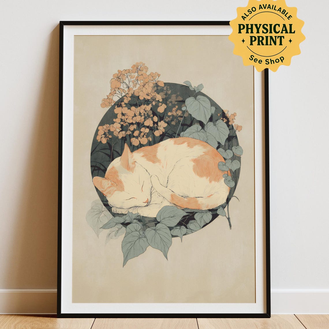 Sleeping Ginger Cat Curled In Botanical Circle Japandi Zen Calm Poster