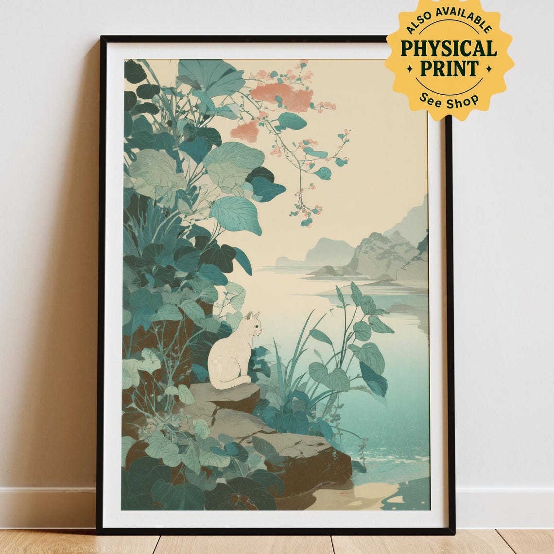 Japandi Cat Wall Art Minimalist Zen Nature Poster