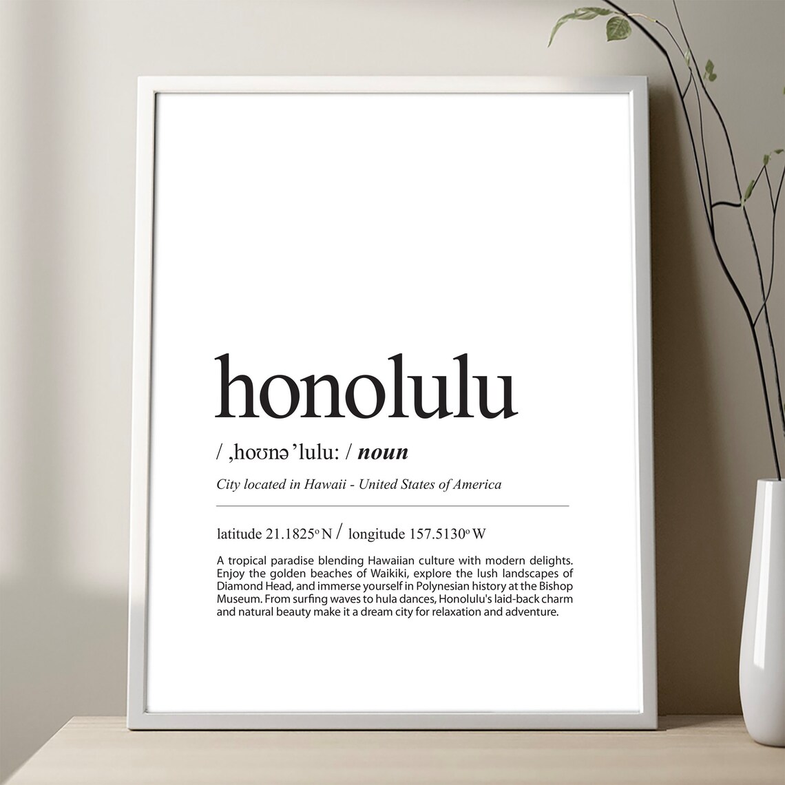 Honolulu Definition Print City Poster Black And White Hawaii Travel Decor