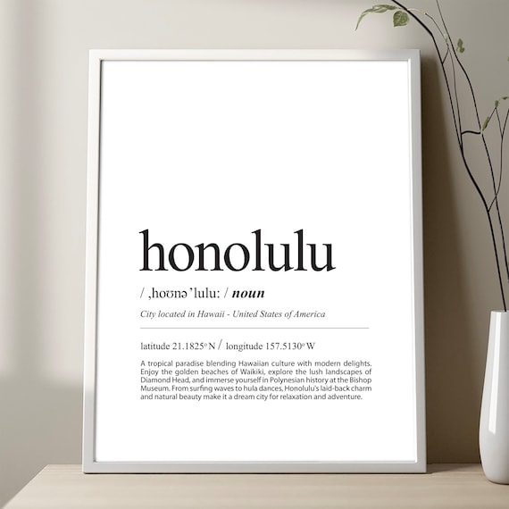 Honolulu Definition Print City Poster Black And White Hawaii Travel Decor