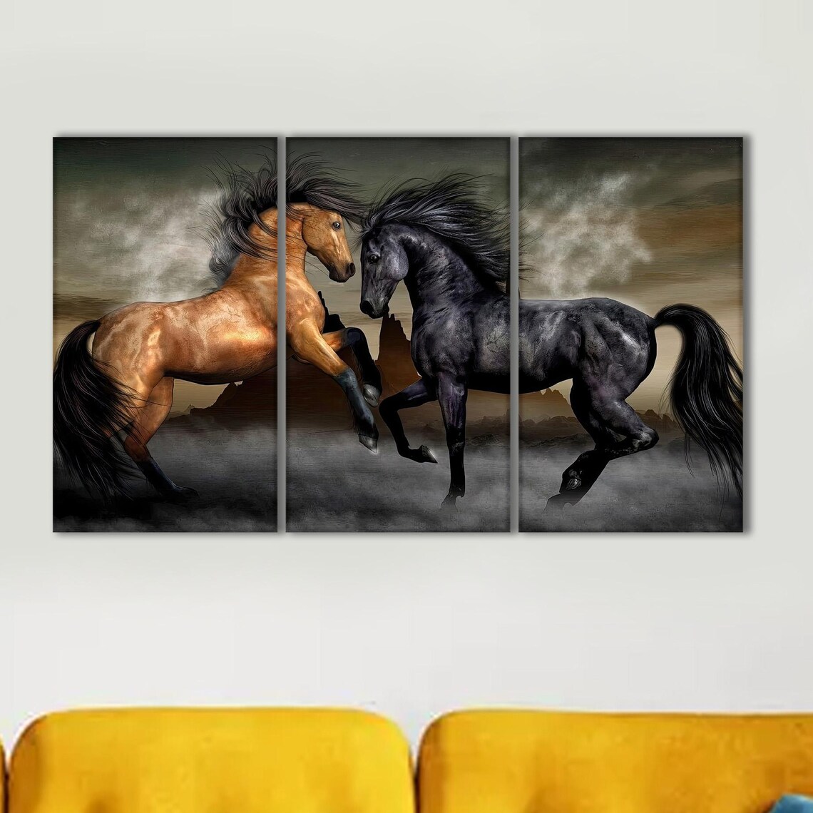 Two Fighting Stallions Rearing Chestnut Black Horse Wall Poster