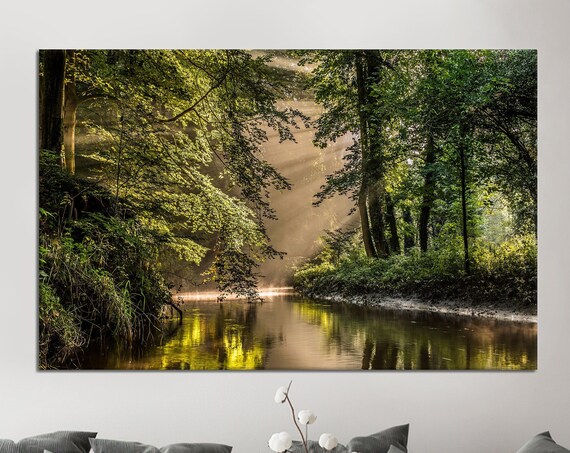 Green Forest River Landscape Art Print, Farmhouse Decor