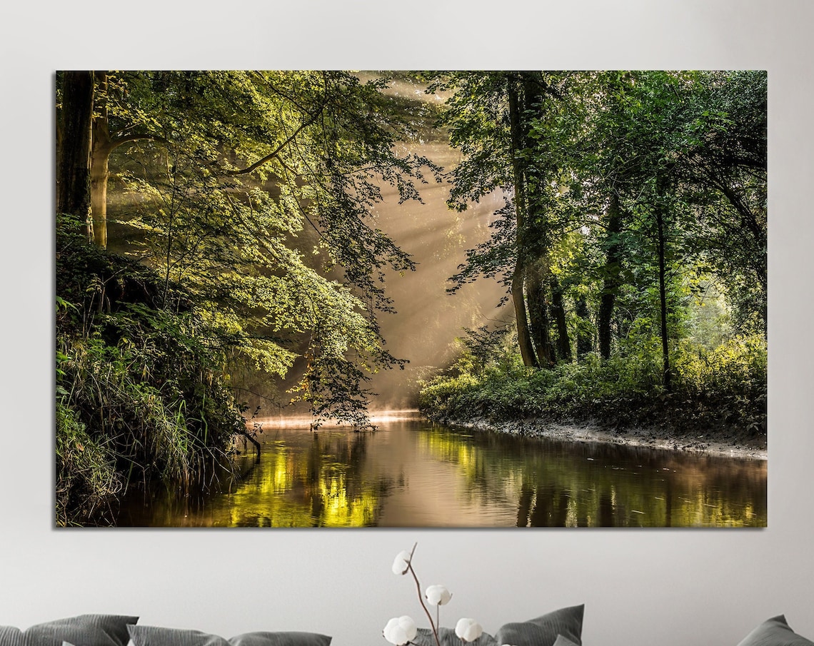 Green Forest River Landscape Art Print, Farmhouse Decor