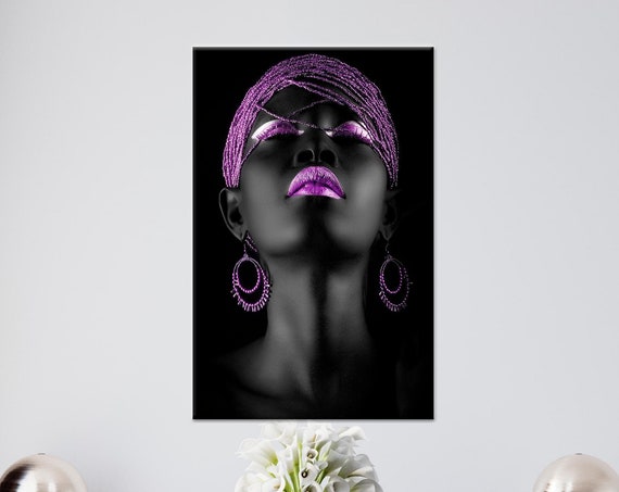 Purple Lip African Woman Canvas Art Shimmery Wall Decor