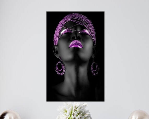 Purple Shimmer African Woman Beauty Portrait Beaded Hair Wall Art