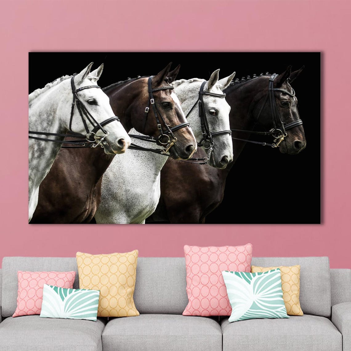 Four Bridled Horses in a Row Dramatic Black Background Photo Poster