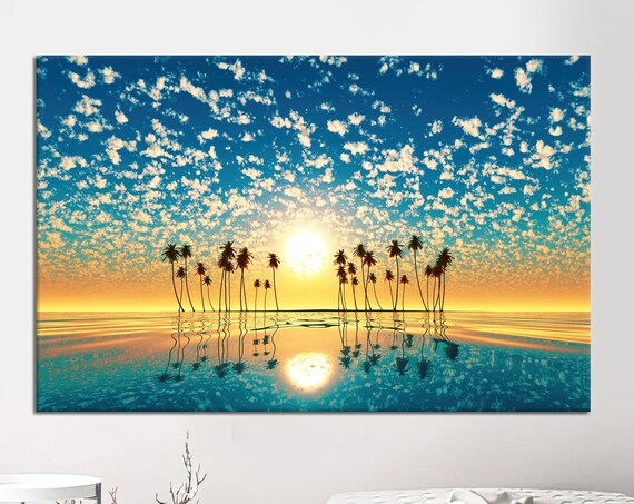 Tropical Sunrise Beach Palm Trees Ocean Reflection Coastal Poster
