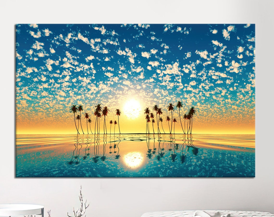 Tropical Sunrise Beach Palm Trees Ocean Reflection Coastal Poster