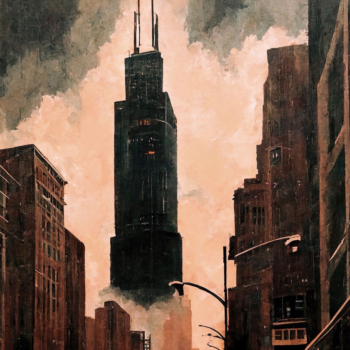 Willis Tower, Chicago Illinois Vintage Oil Painting Print - Image 3