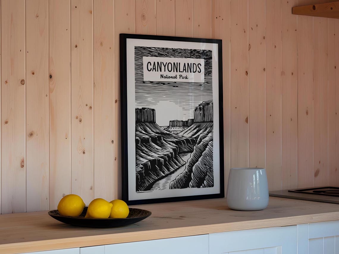 Woodcut Canyonlands Travel Print Retro Canyonlands Art Wall Decor Red Rock Utah Travel Wall Art Utah Desert Outdoorsy Gift For Traveler - Image 2