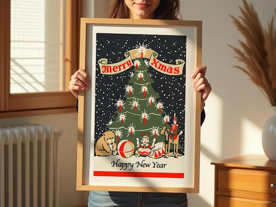 Retro Merry Xmas Happy New Year Vintage Christmas Tree Poster