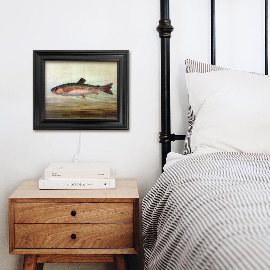 Framed Rainbow Trout Painting Print On Vintage Trout Print On Framed In Black Frame - Image 2
