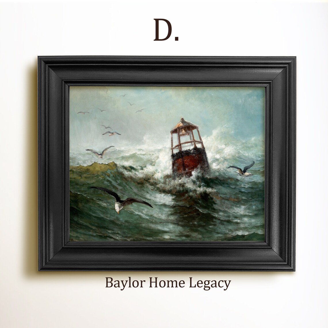 Buoy in Rough Seas with Seagulls, Vintage Seascape Art Print - Image 2