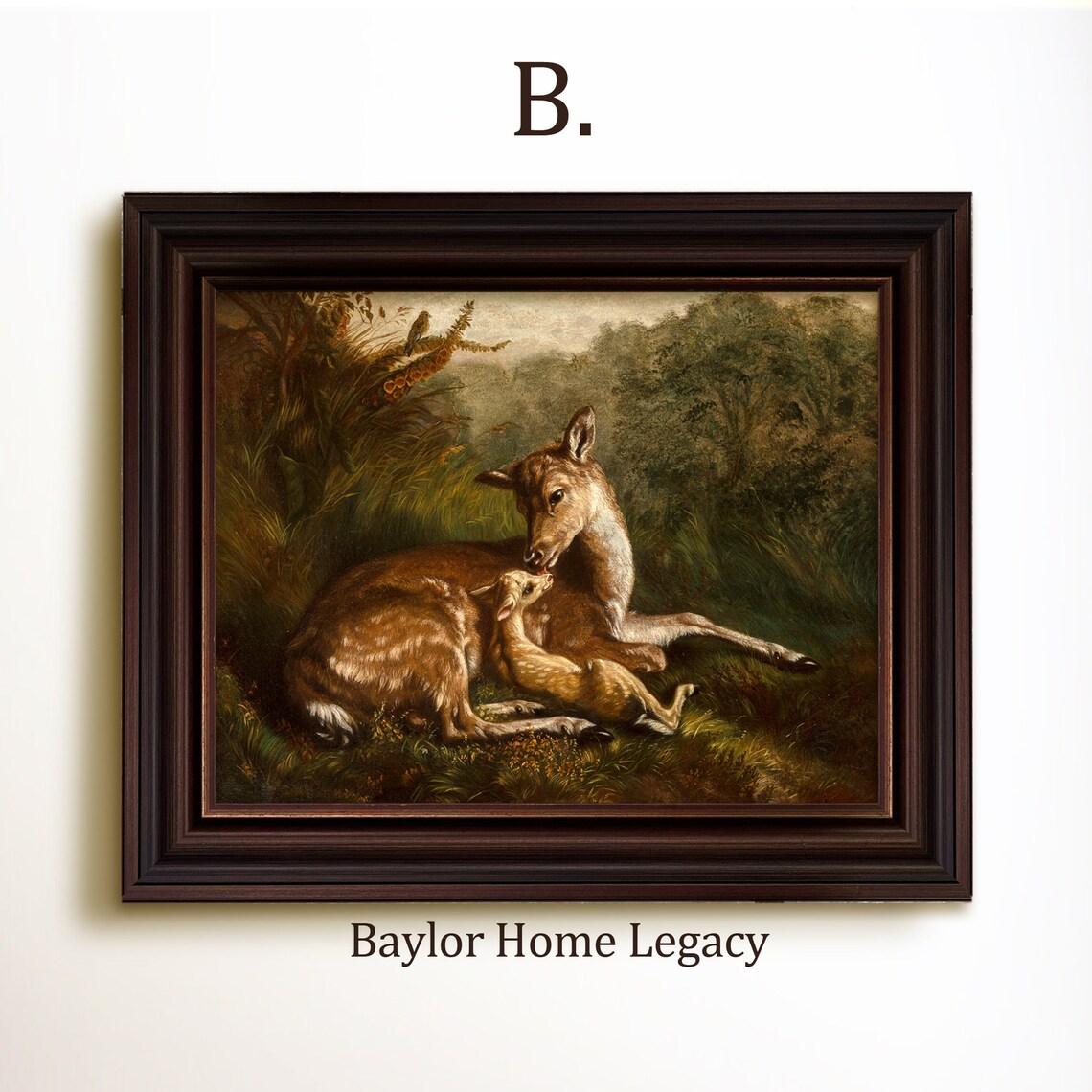 Doe And Fawn Vintage Deer Oil Painting Print - Image 4