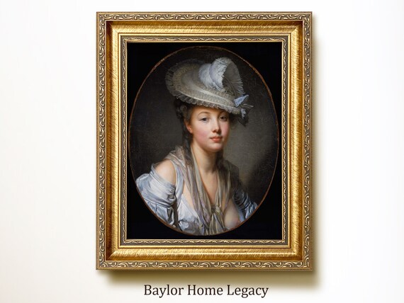 18th Century Young Woman White Feathered Hat Vintage Oil Portrait Poster