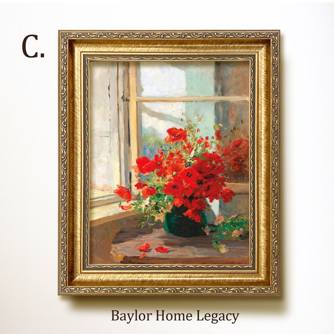 Poppies In A Vase By Open Window, Oil Painting Print - Image 3