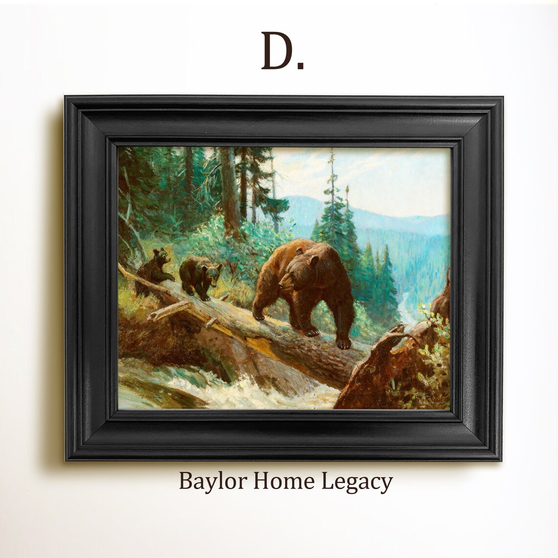 Grizzly Bear With Cubs Crossing Log Mountain Stream Painting Art Print - Image 2