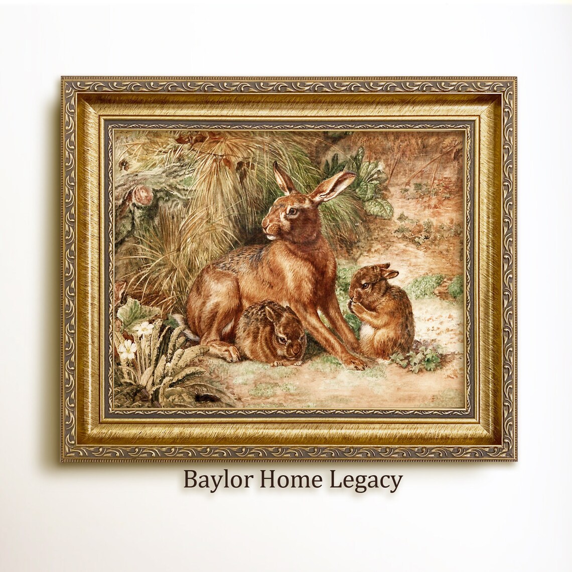 Mother Hare With Young Rabbits Meadow Vintage Naturalist Painting Print