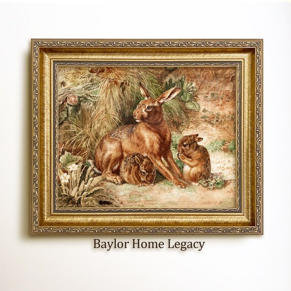 Mother Hare With Young Rabbits Meadow Vintage Naturalist Painting Print