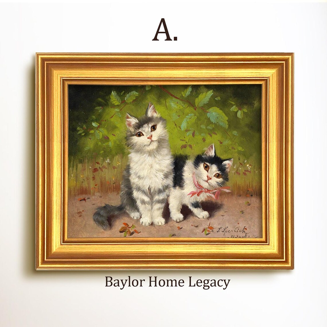 Two Kittens One With Pink Ribbon Vintage Cat Painting Cute Wall Art - Image 5