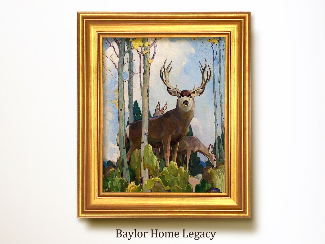 Mule Deer Buck with Antlers in Aspen Grove Vintage Wildlife Art Poster