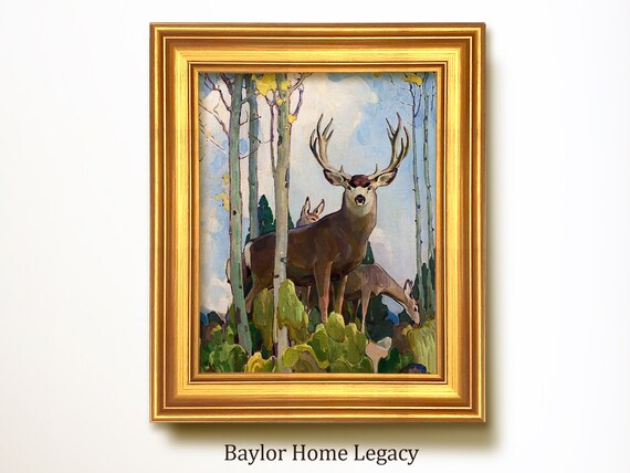 Mule Deer Buck with Antlers in Aspen Grove Vintage Wildlife Art Poster