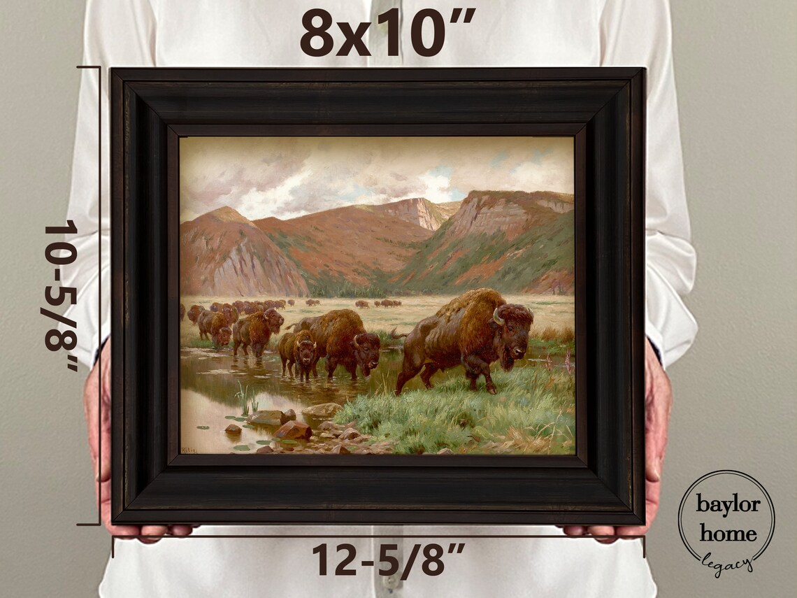 Herd Of Buffalo Crossing Stream At Red Mountains Vintage Wildlife Poster - Image 2
