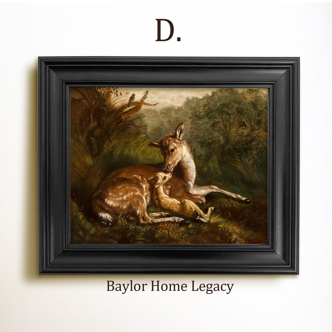 Doe And Fawn Vintage Deer Oil Painting Print - Image 2