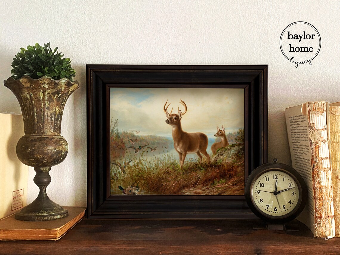 Buck And Doe With Mallard Ducks Vintage Deer Marsh Wildlife Art Poster - Image 4