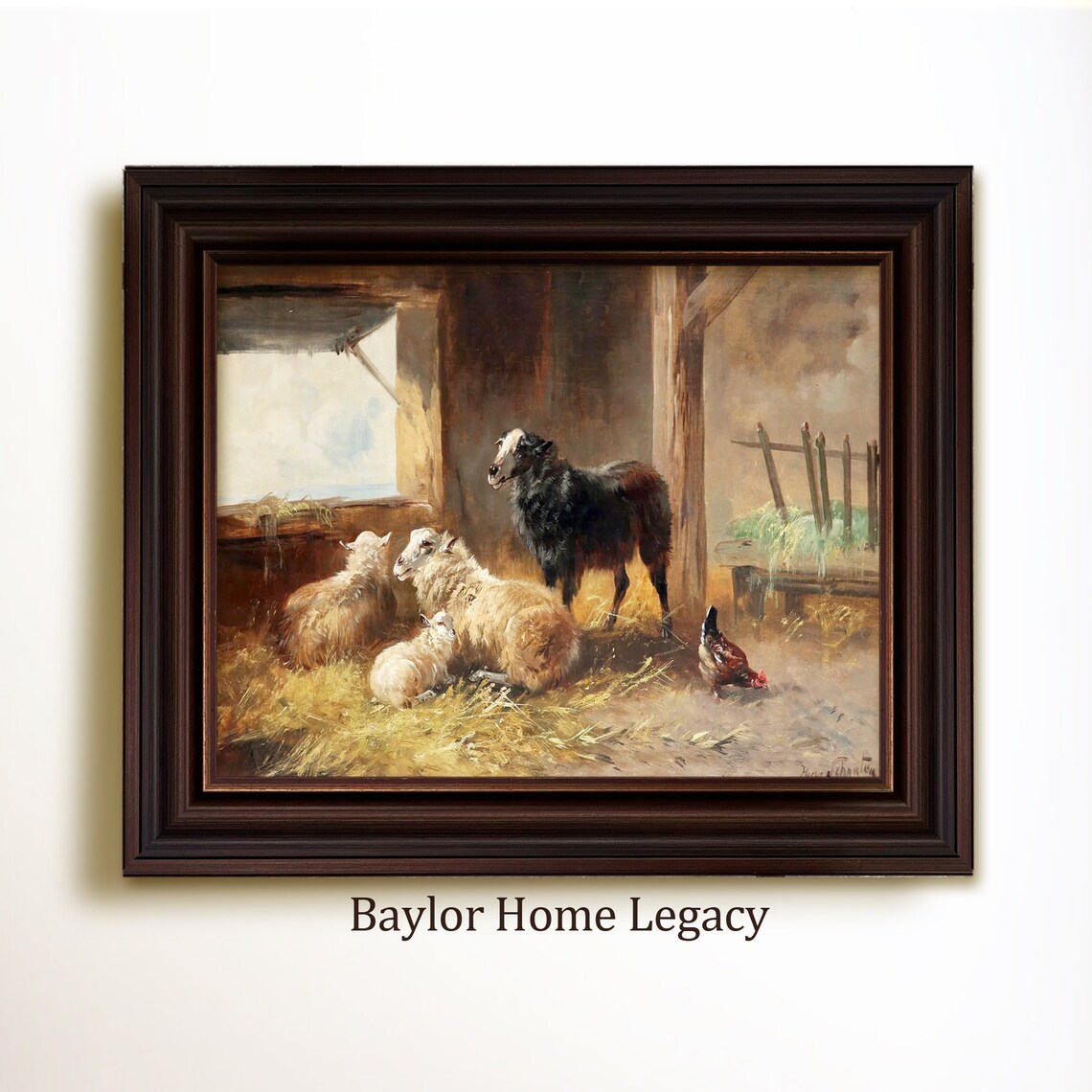 Sheep and Chicken Antique Barn Oil Painting Art Print