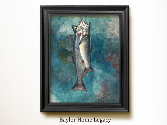 Framed Trout Print On Vintage Water Color Trout Wall Art Painting Of Two Fish With Fishing Lures Watercolor Print