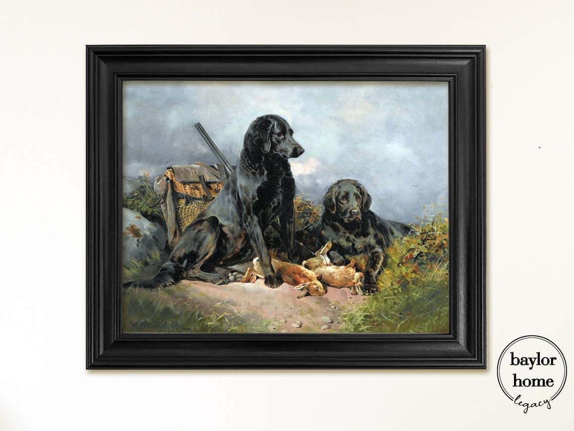 Pair Of Black Gun Dogs With Game Hunting Vintage Oil Painting Poster