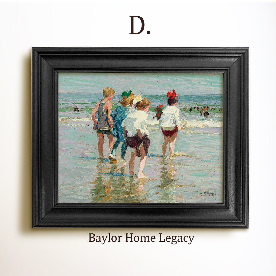 Children Wading in the Ocean, Vintage Oil Painting Art Print - Image 2