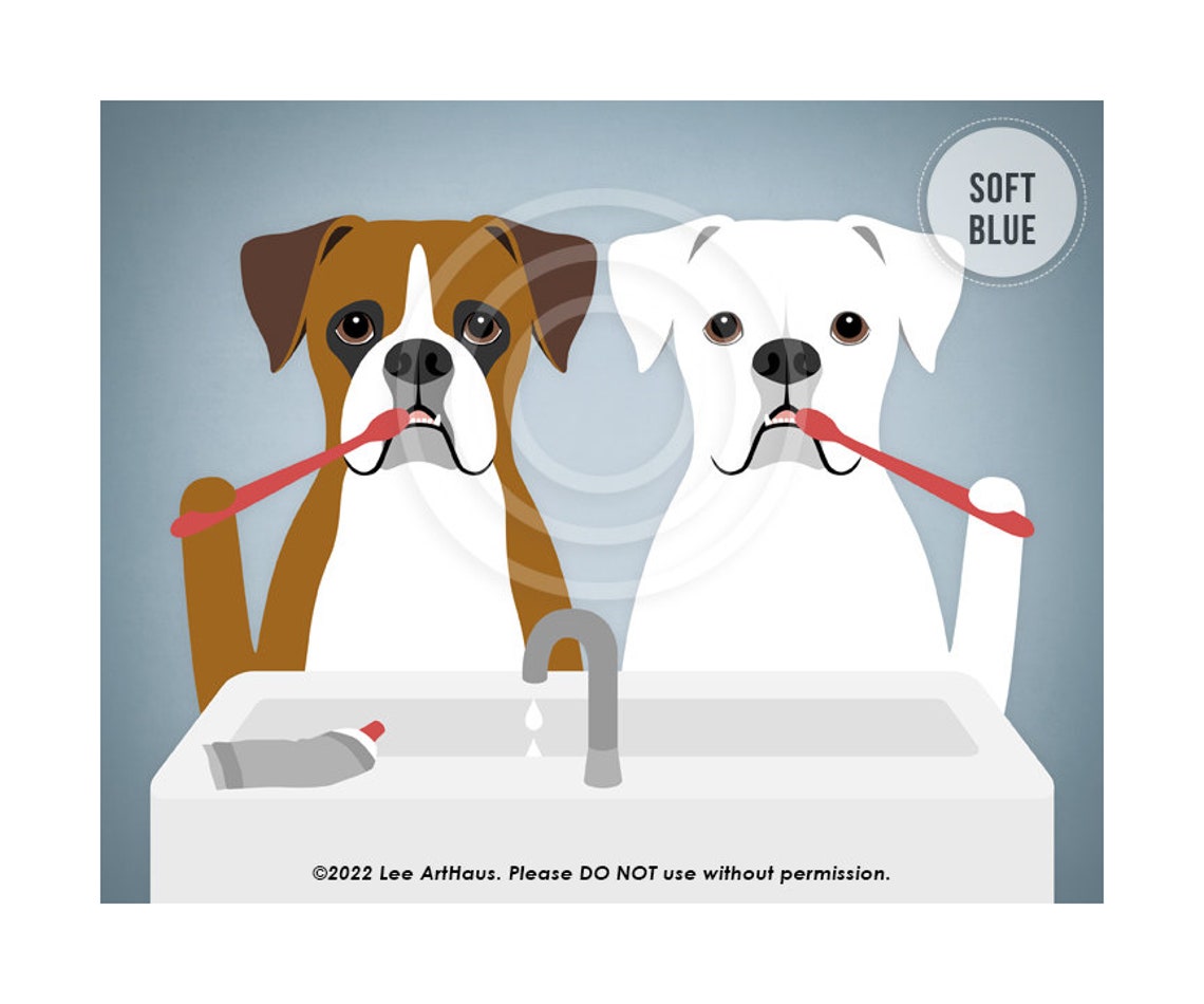 Two Boxer Dogs Brushing Teeth At Bathroom Sink Funny Dog Poster - Image 2