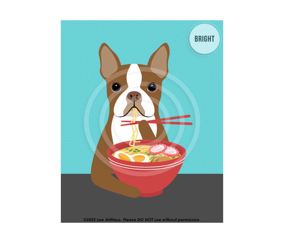 Red Boston Terrier Eating Ramen With Chopsticks Funny Dog Poster
