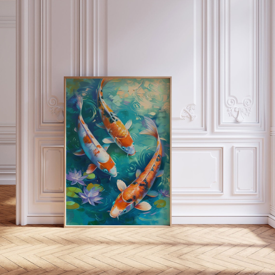 Three Colorful Koi Fish Swimming Among Water Lilies Painting Poster - Image 5