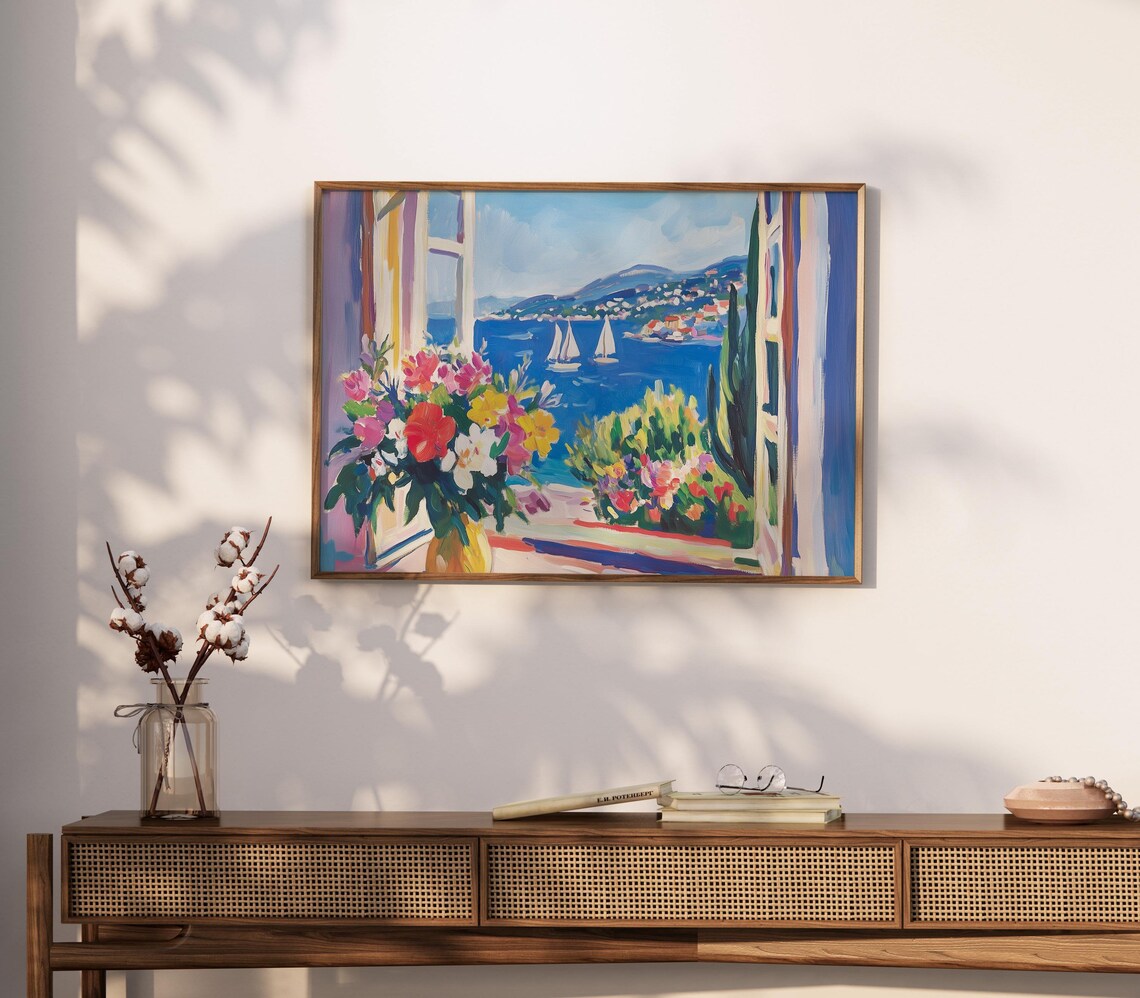 Open Window Mediterranean Coast Sailboats Flower Bouquet Travel Poster - Image 4