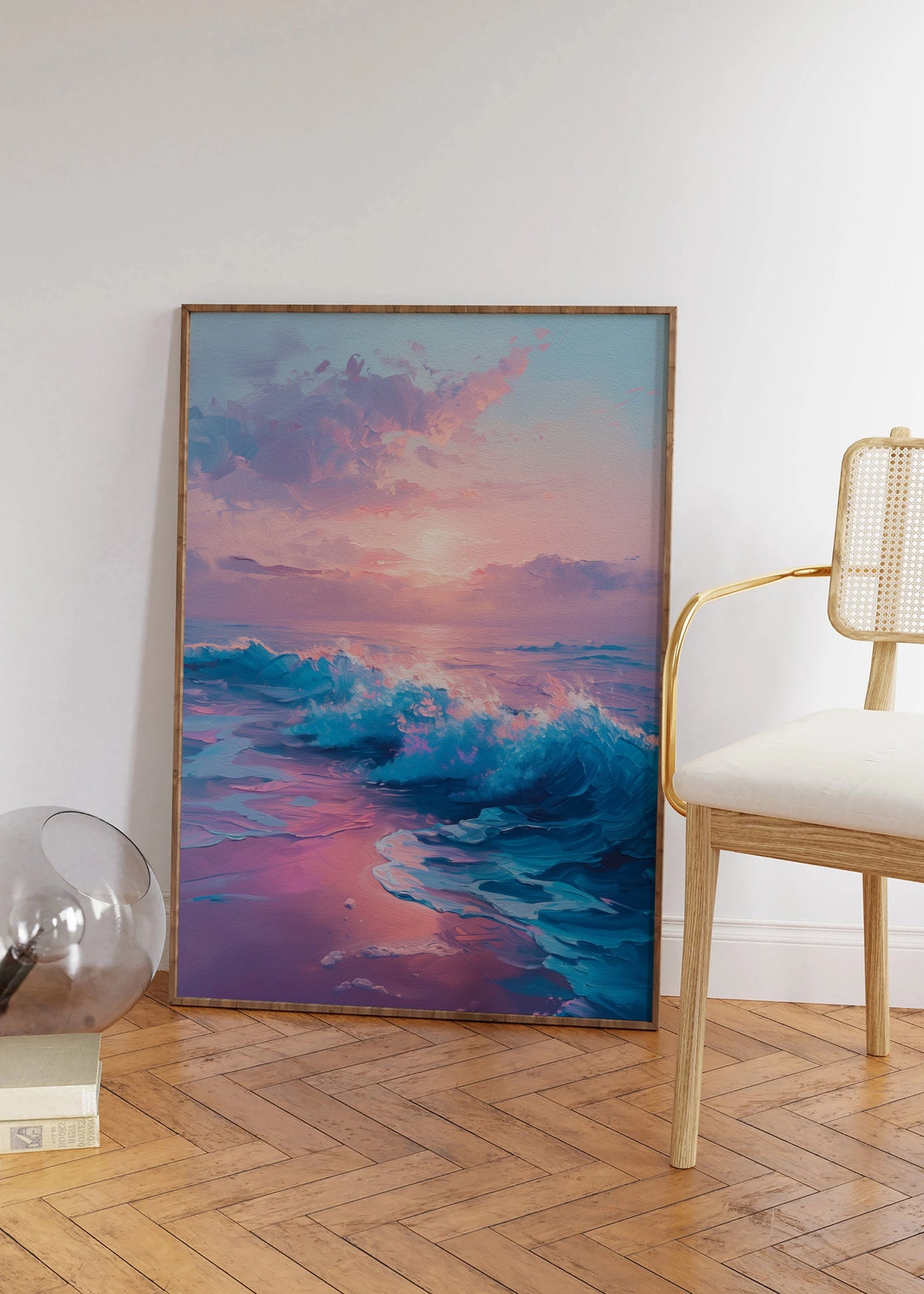 Pastel Pink Sunset Ocean Waves Impressionist Beach Painting Poster - Image 2