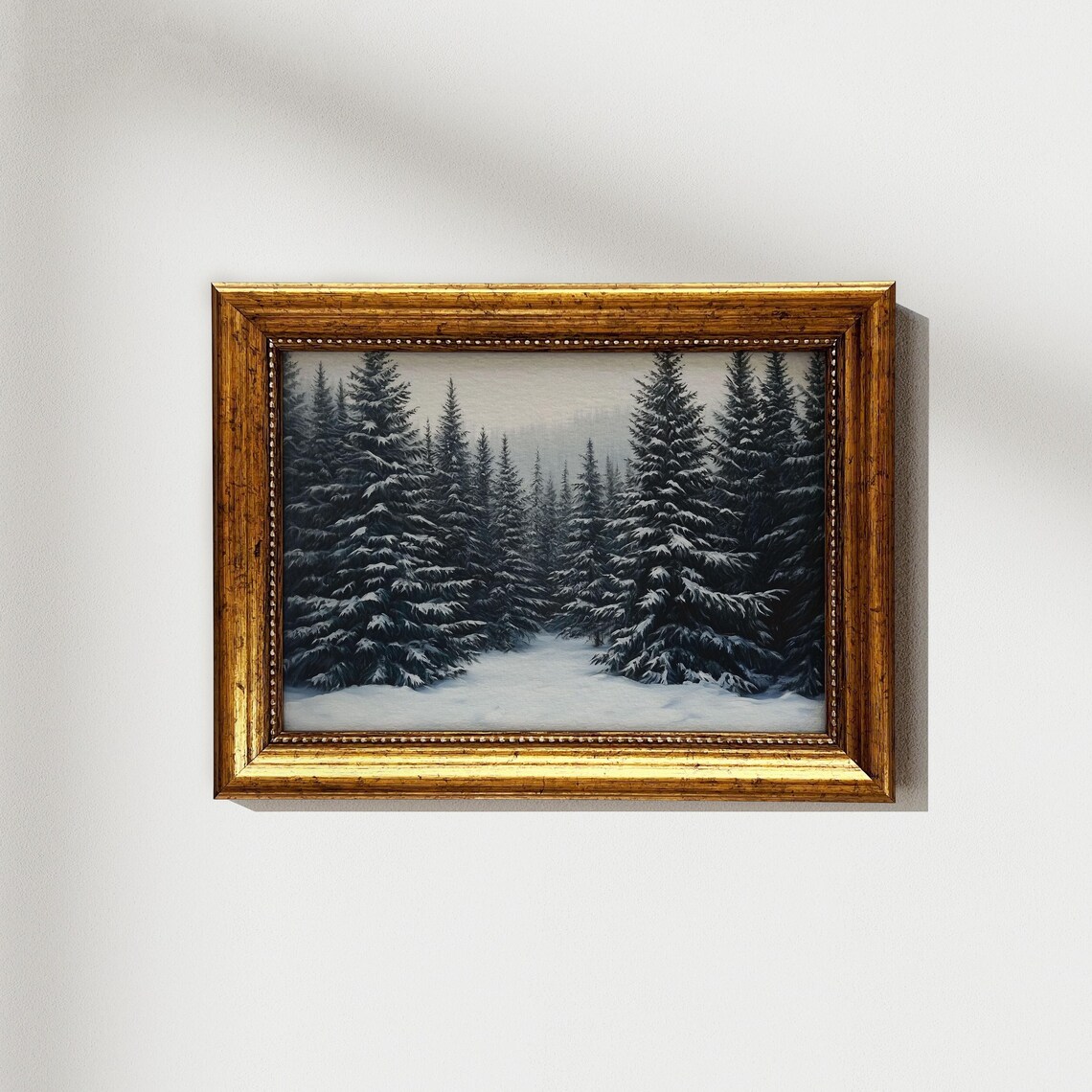 Winter Pine Forest Rustic Snowy Landscape Painting Dark Farmhouse Poster - Image 2