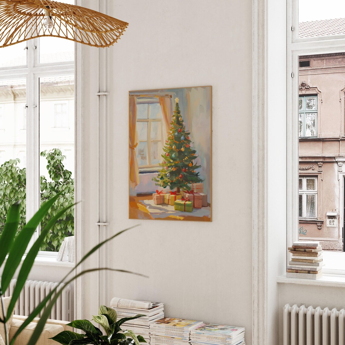 Pastel Christmas Tree With Gifts By Window Oil Painting Holiday Poster - Image 2