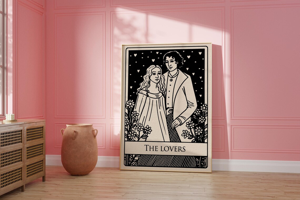 The Lovers Tarot Card Art Print Boho Occult Couple Black and White - Image 4