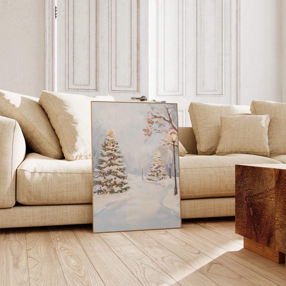Christmas Trees on a Snowy Lamplit Winter Street Pastel Print - Image 2