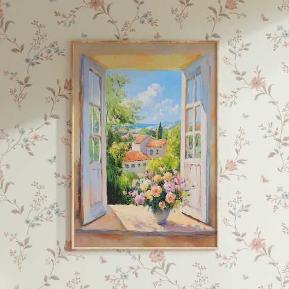 Open French Doors Terracotta Village Flower Bouquet Sunny Travel Poster