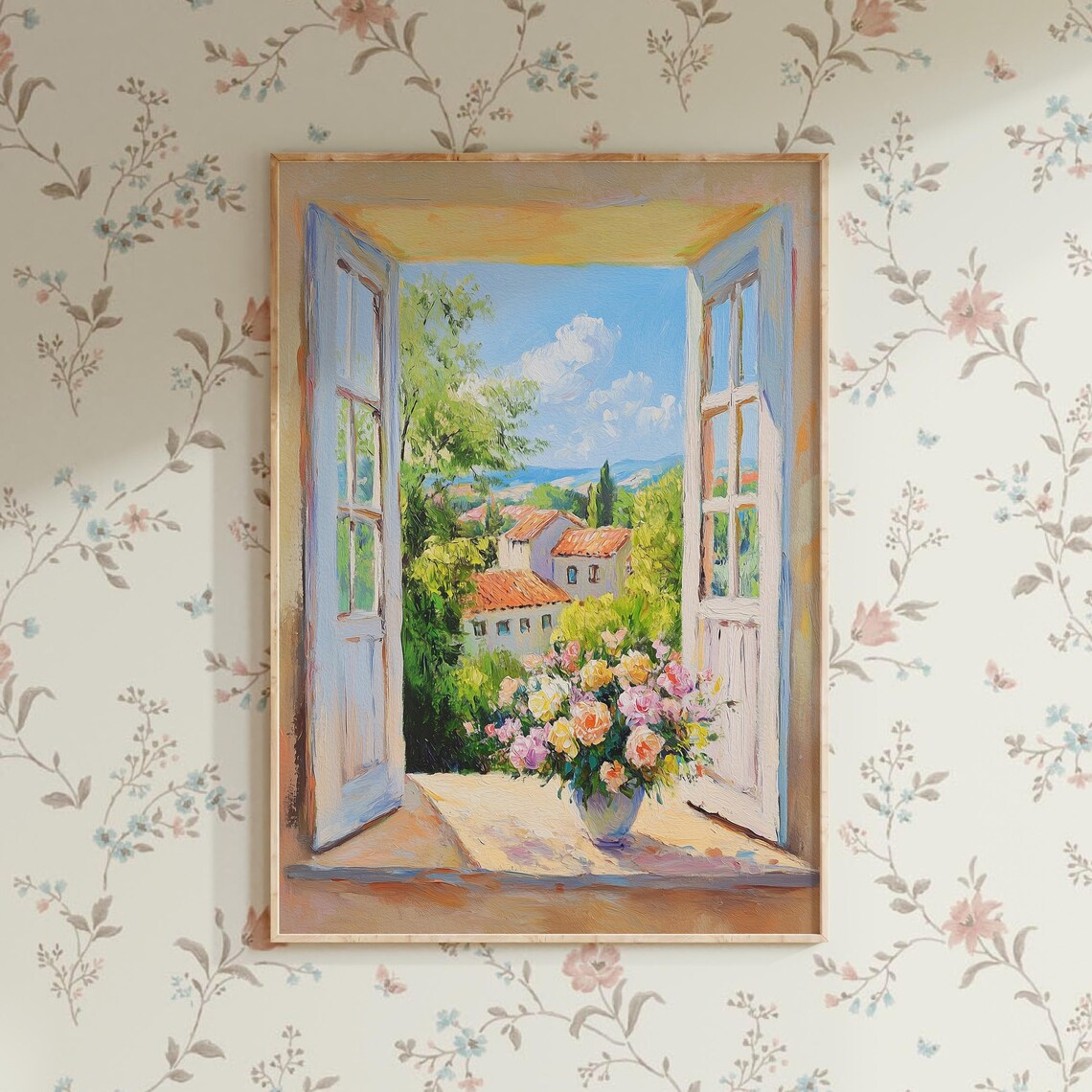 Open French Doors Terracotta Village Flower Bouquet Sunny Travel Poster