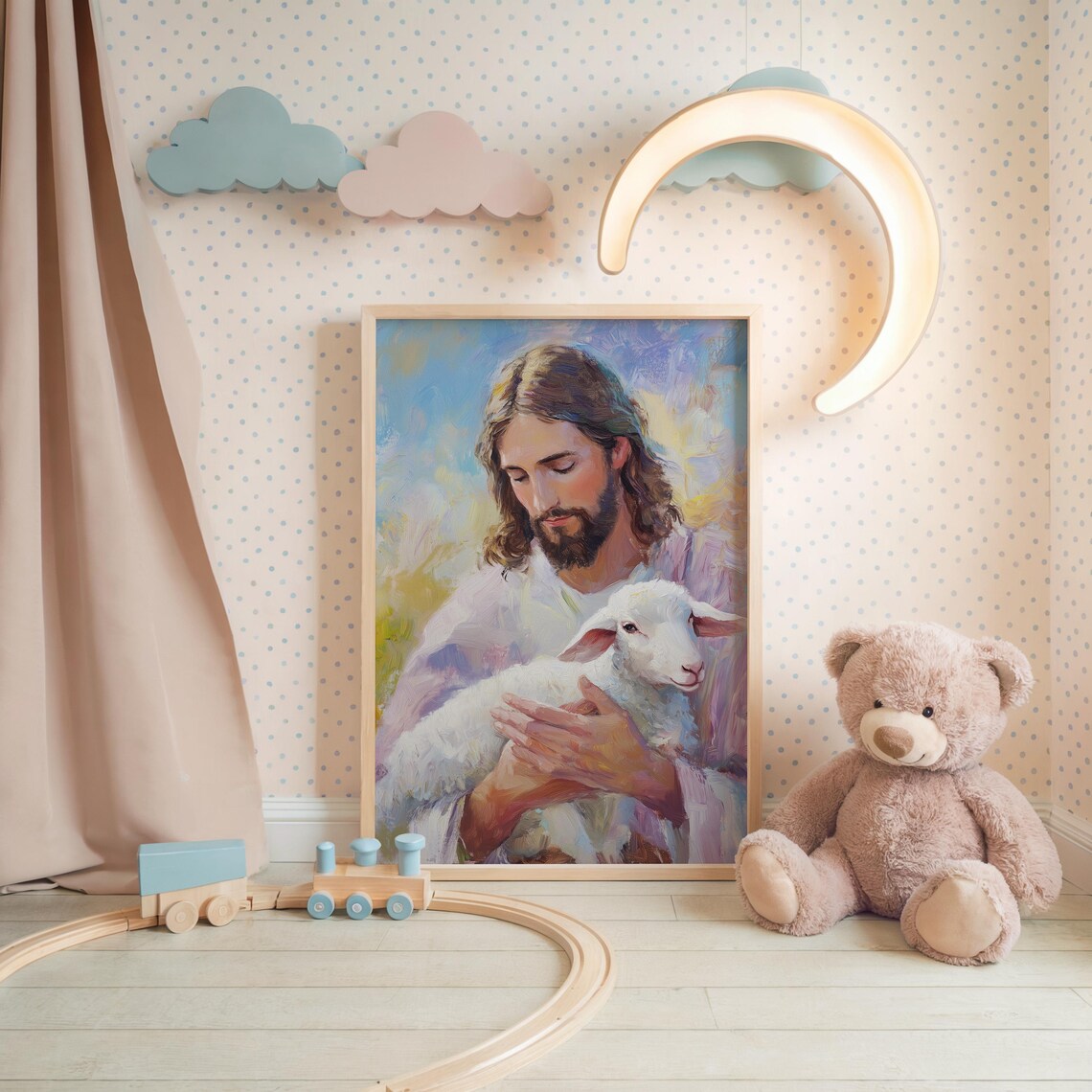 Colorful Jesus Holding Lamb Kids Nursery Christian Faith Art Poster - Image 5